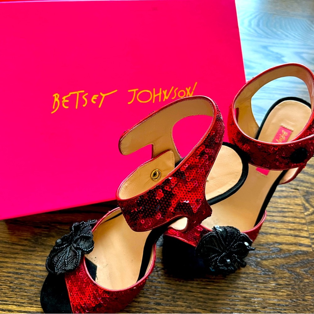 Betsey Johnson Red Sequin Strappy Open Toes